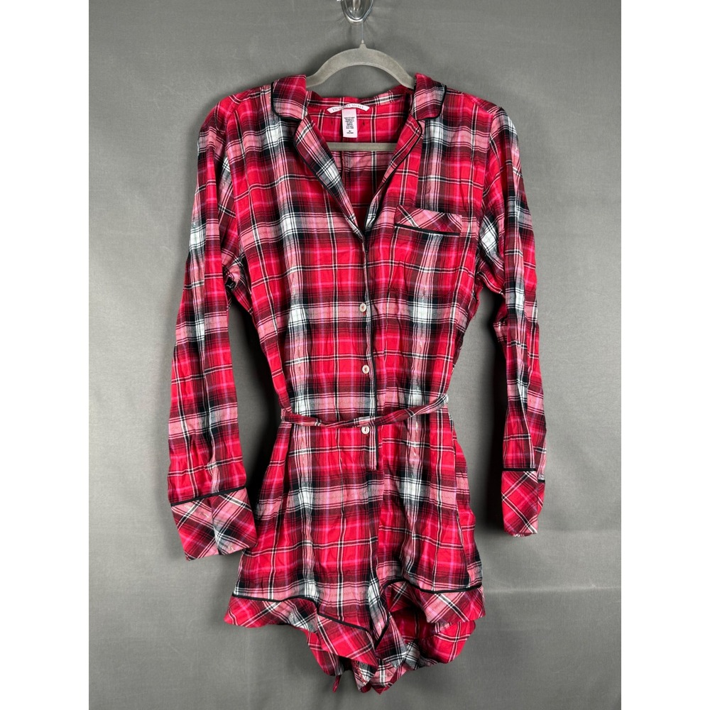 Victoria's Secret Romper Women Medium Red Plaid Long Sleeve Metallic Belted